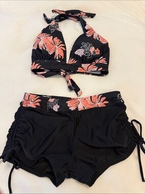 Black Halter Floral Bikini Top with Black Swim Shorts